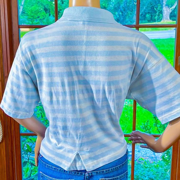 ▪️VTG▪️TANGIERS▪️1990's White & Baby Blue Stripe Cotton Crop Polo Shirt Top - Picture 2 of 12